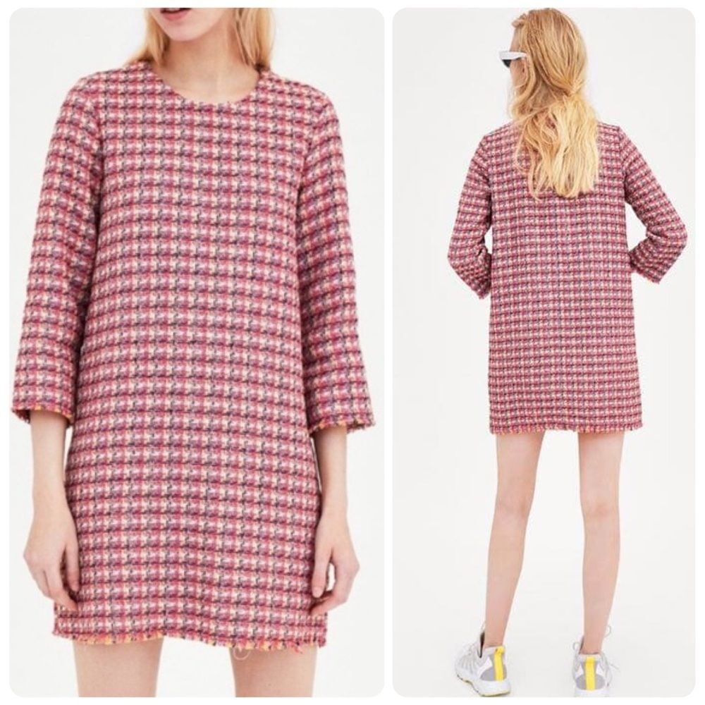 ZARA Tweed Shift Mini Dress in Pink Multi – Size Medium